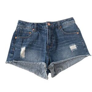 Refuge Short Shorts Distressed Dark Wash Jean Shorts SZ 2 Raw Hem Y2K